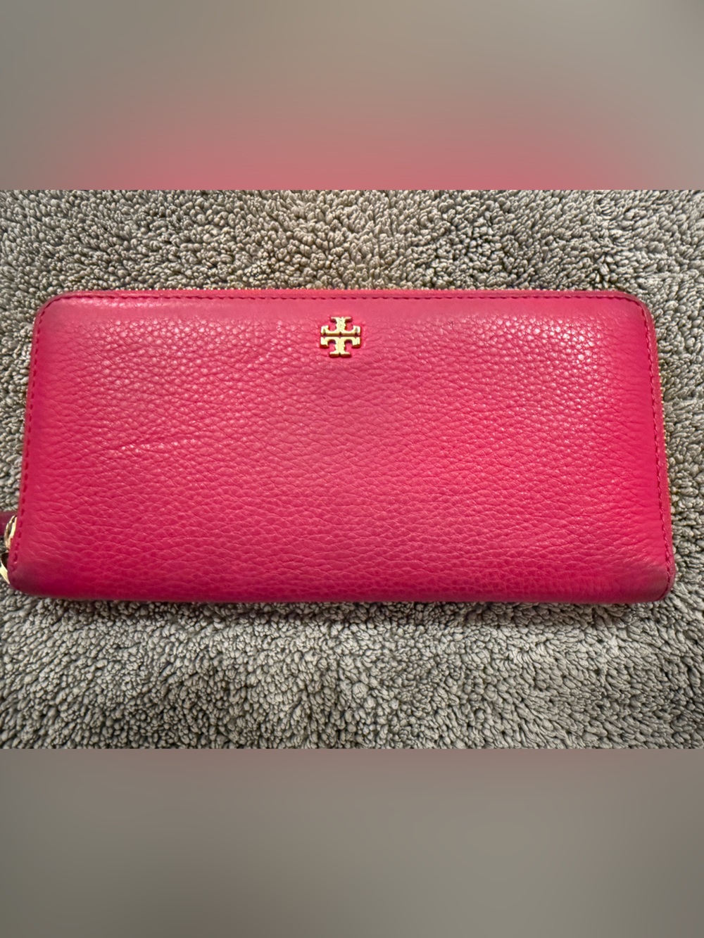 Tory Burch Hot Pink Pebbled Leather Zip-Around Wallet with Gold Logo
